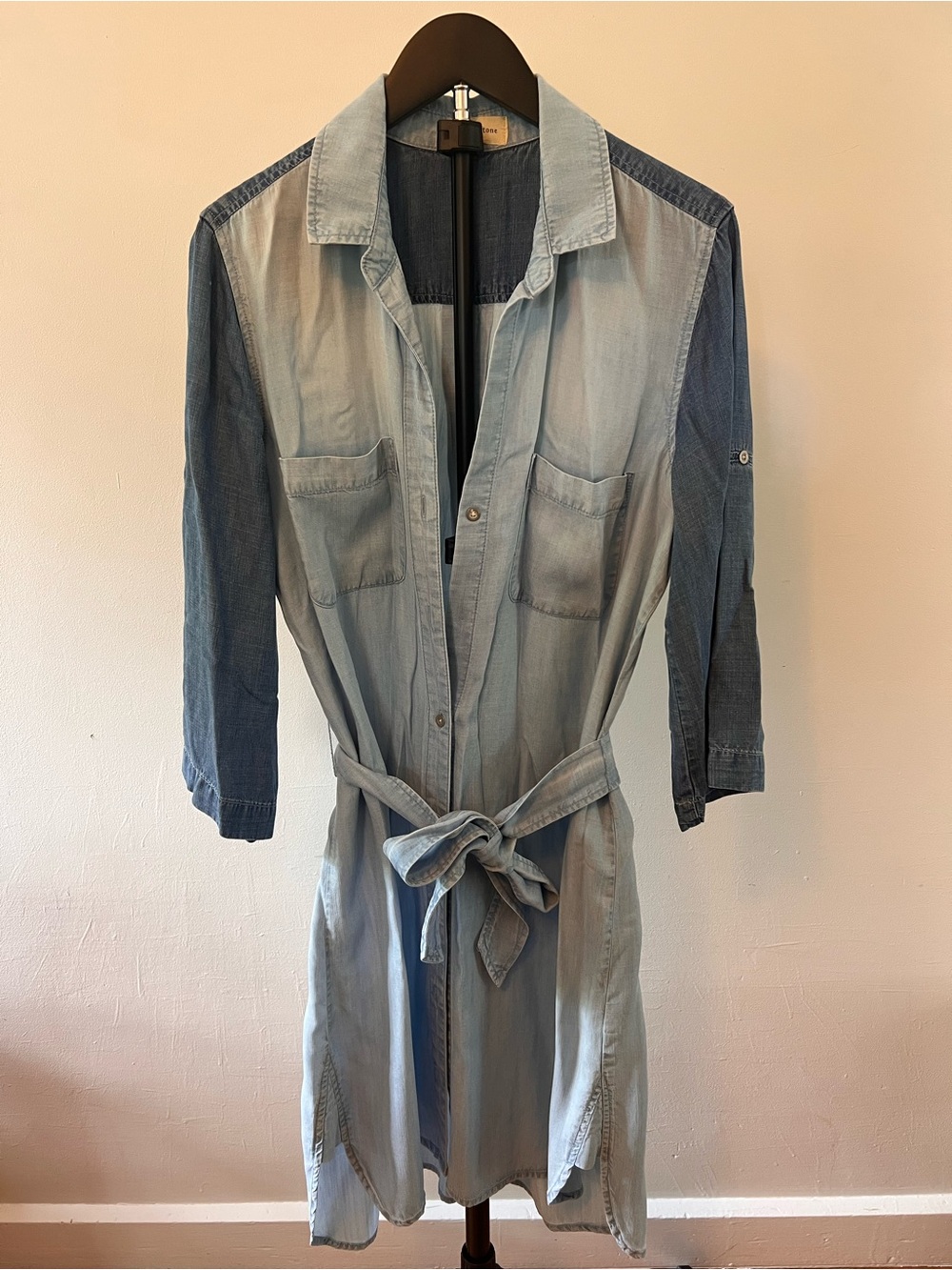 Cloth & Stone Chambray Shirt Dress Light Wash Denim Blue Belted Size Large